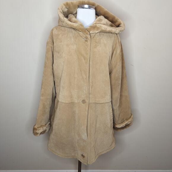 JG Hook Leather Suede Hooded Coat Faux Fur Lining - Picture 1 of 12